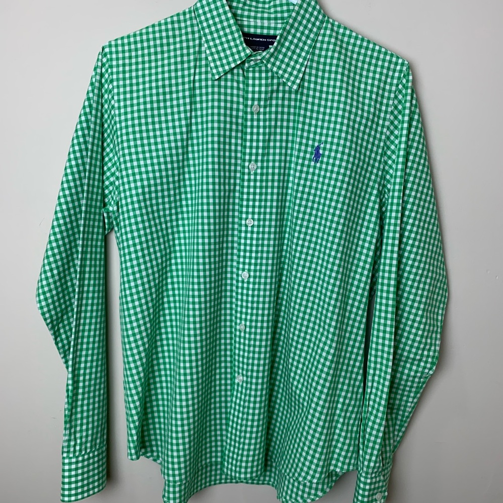Ralph Lauren Green and White Gingham Button-Down Shirt Size 14